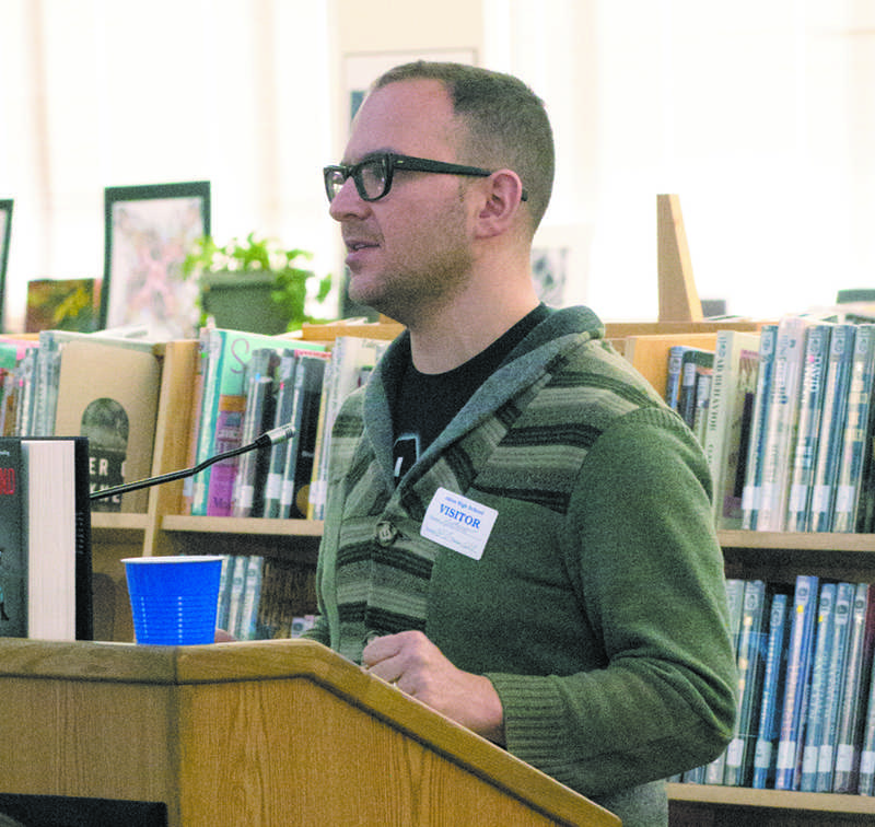 Author Cory Doctorow speaks to students in the library about “Homeland”, his sequel to “Little Brother”.