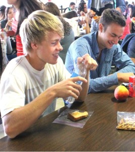 Foreign Exchange students Eivind Jonesberg and Domiziano Luisetti socializing during lunch. Jonesberg and Luisetti came from the Explorius organization and World Heritage program, respectively.
