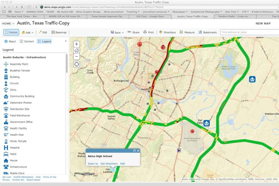 Students practice their geographic information systems work about Austin traffic using ESRI software.