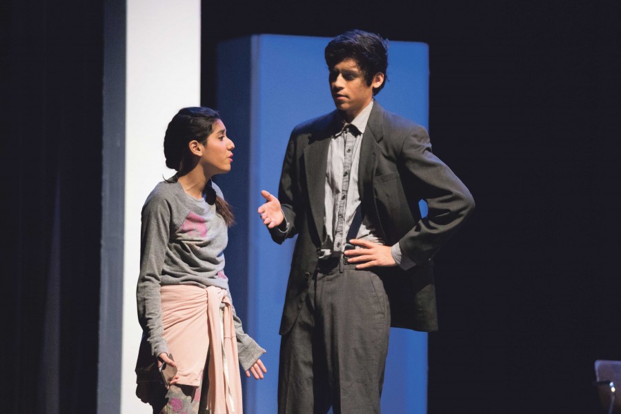 Sophomores Aylin Valdes and Jeremy Canales act out a scene from Thinner Than Water. The directors of the play cut the script down to fit the 40-minute duration limit set by the UIL.