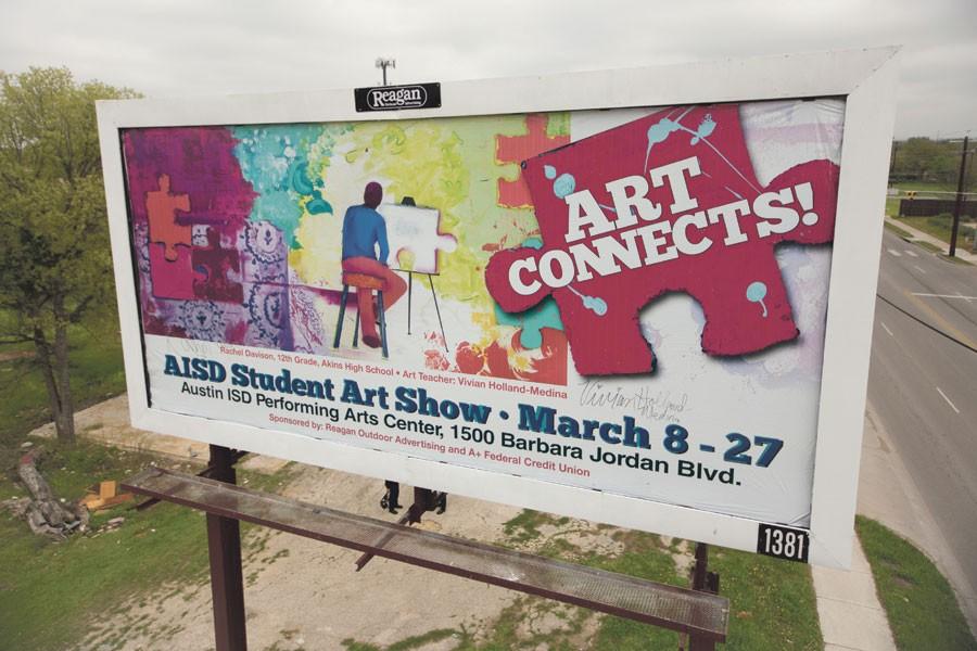 Rachel Davison’s art spread out across a billboard. Davison’s work was plastered throughout Austin on nine different billboards.