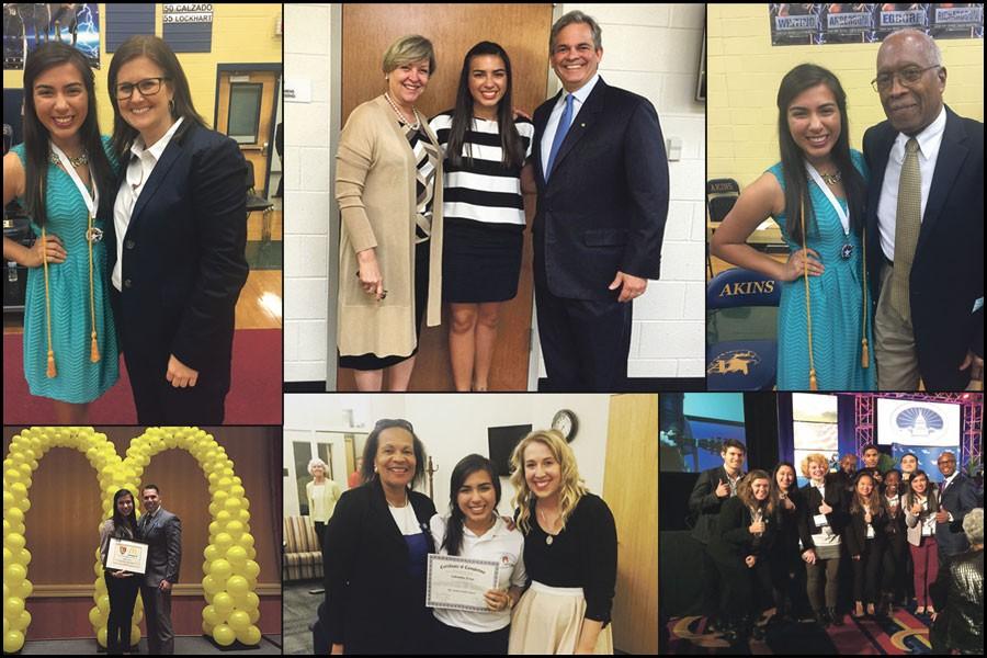 Top left: Valentina Tovar poses with Akins Principal Brandi Hosack. Top center: Tovar poses with Austin Mayor Steve Adler and his wife Diane Land. Tovar had the opportu- nity to speak at his first State of the City address. Top right: Tovar poses with Akins High School’s namesake Dr. Charles Akins. Bottom left: Tovar poses with the president of the Greater Austin Hispanic Chamber of Commerce, Mark Madrid. She received the Ronald McDonald Hacer Scholarship. Bottom center: Tovar poses with her Austin Youth Council Directors Dr. Chiquita Eugene and Erika Cooper. Bottom right: Tovar and other students await the President Obama’s speech with the city manager and the National League of Cities Convention Director. The Congressional City Conference took place in Washington D.C. from March 7-11.