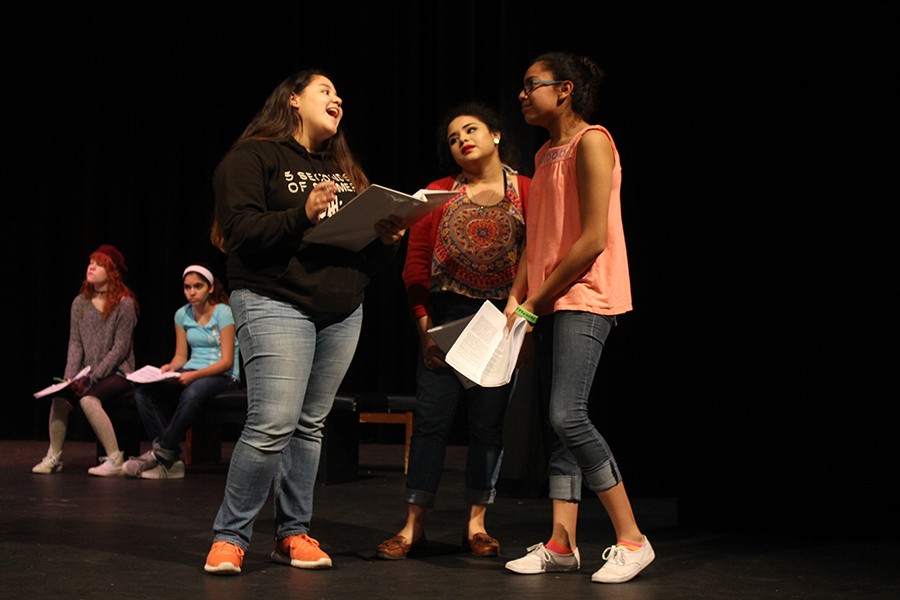 Freshman Sierra Gomez, sophomore Estrella Martinez and senior Celina Tijerina rehearse 
scenes from The Best Christmas Pageant Ever, which will hit the stage in December.