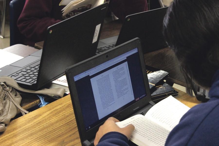 Students work on new Chrome books purchased with technology
bond money approved in 2013. There are more than 1,000 new computers
for students to use on campus.