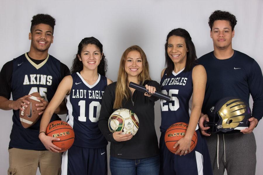 A+few+Akins+students+play+multiple+sports%2C+dedicating+themselves+to+their+love+of+the+game.+From+left+to+right+are+Demarcus+Cabezas%2C+Analise+Perez%2C+Jennifer+Lopez%2C+Brittany+Roberts%2C+and+Partick+Dickerson.