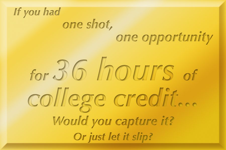 If you had one shot, one opportunity for 36 hours of college credit... Would you capture it? Or just let it slip?