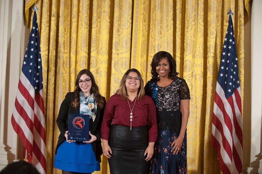 Akins alumna Kassey Rocha (middle) and Olivia Tamzarian recieve award from First Lady Michelle Obama at the White House in November. The award recognized Mexic-Arte Museum’s Screen It! afterschool program.