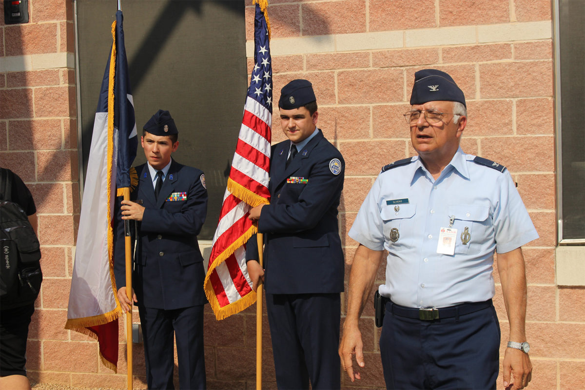 Colonel Ronald Oliverio prepares the cadets for the flag ceremony. The opening was on August 24th.