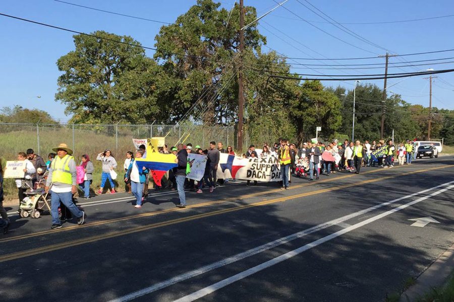 Activists nearing the end of their 37-mile march from a federal detention facility to the Texas Governor’s Mansion on Nov. 21, 2015.