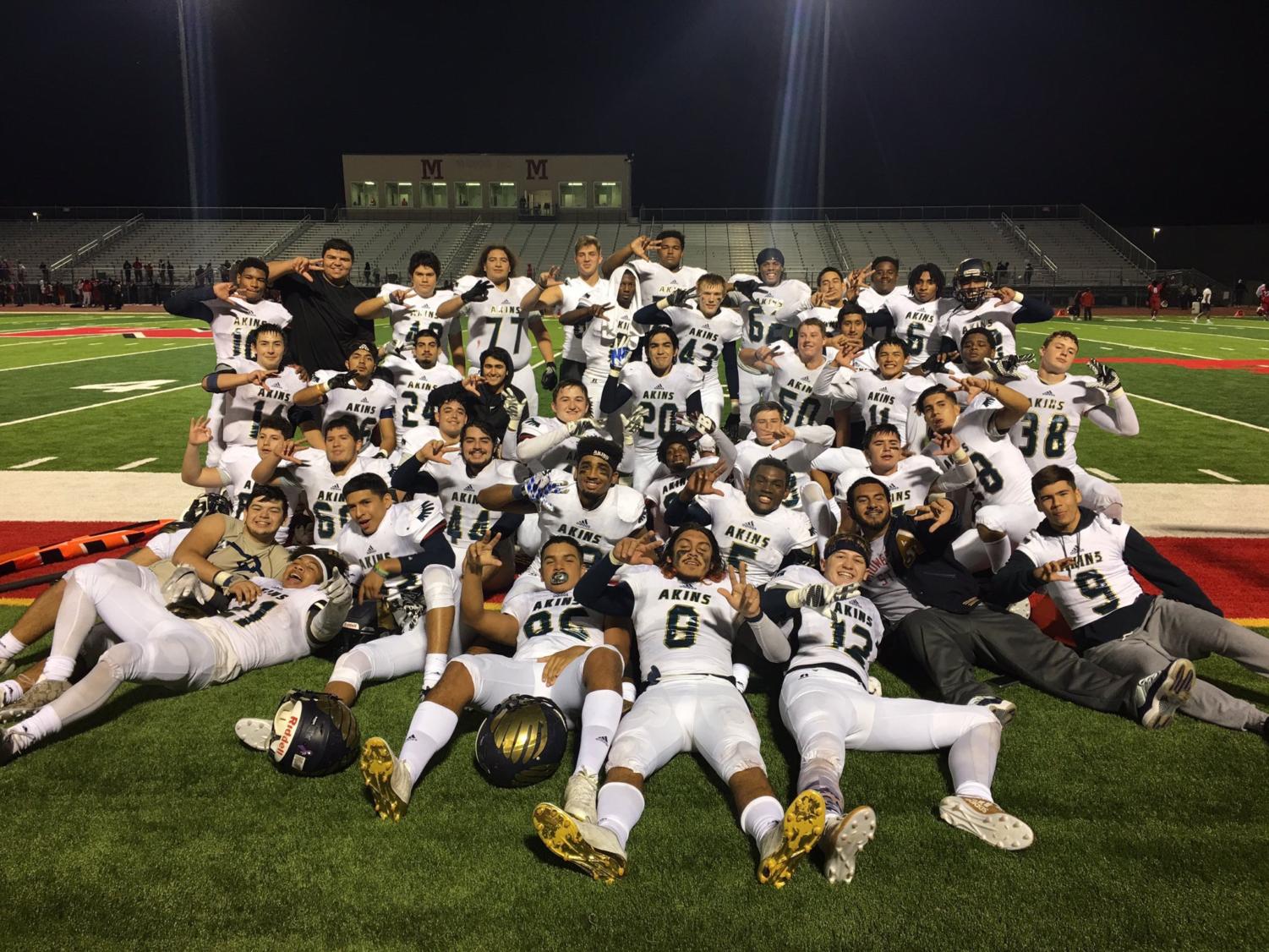 The Varsity team celebrates after beating Manor on November 10 and making it into the playoffs for the second time in school history.