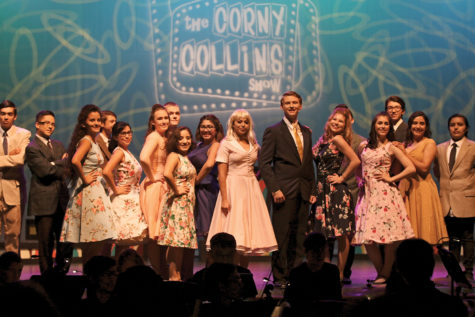 Performers on the Corny Collins Show pose as if they were on a live television show as part of the Akins Journey Theater programs production of Hairspray.