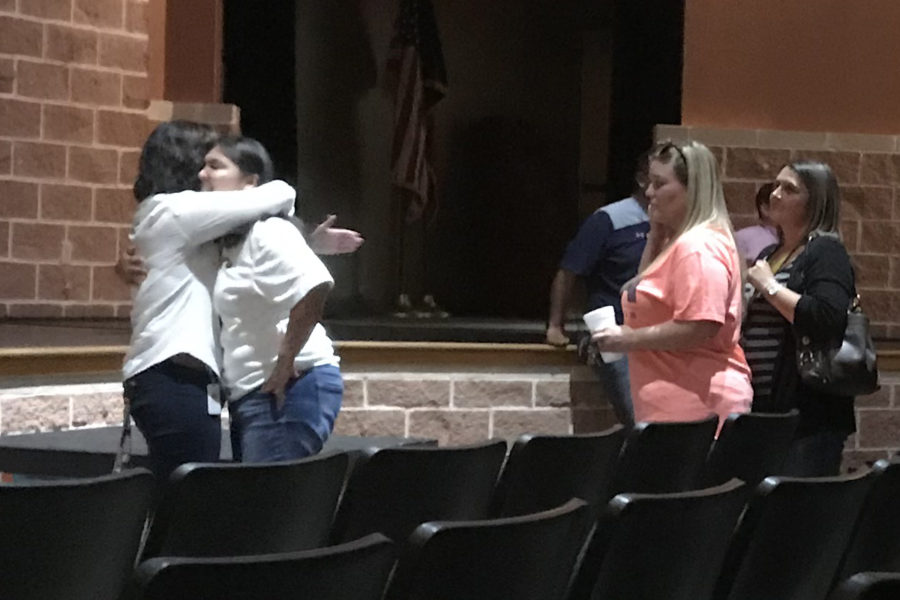 Principal Hosack hugs counselor Margarita Moreno after announcing she will be leaving Akins after the end of the school year. Hosack has been the principal at Akins since late April of 2015.
