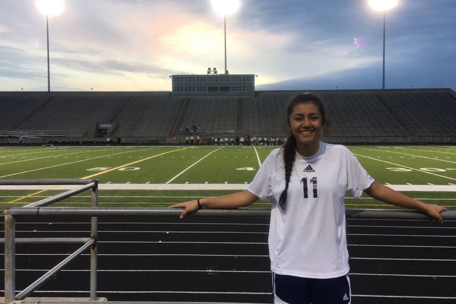 Freshman Paula Palacios poses at Burger Stadium before one of her soccer games. She is raising money for a surgery