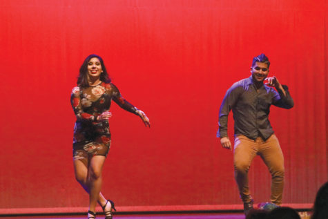 Rachel Rivera dances with Jose Gonzalez during the Cinco de Mayo Show in the Akins theater.
Rivera has performed at the Cinco de Mayo show every year of her high school career. 