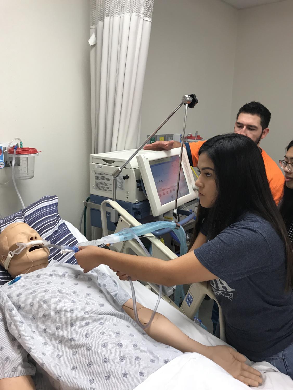 Senior Noemi Jimenez works with manikin to practice for
her hospital rotation practicum class.