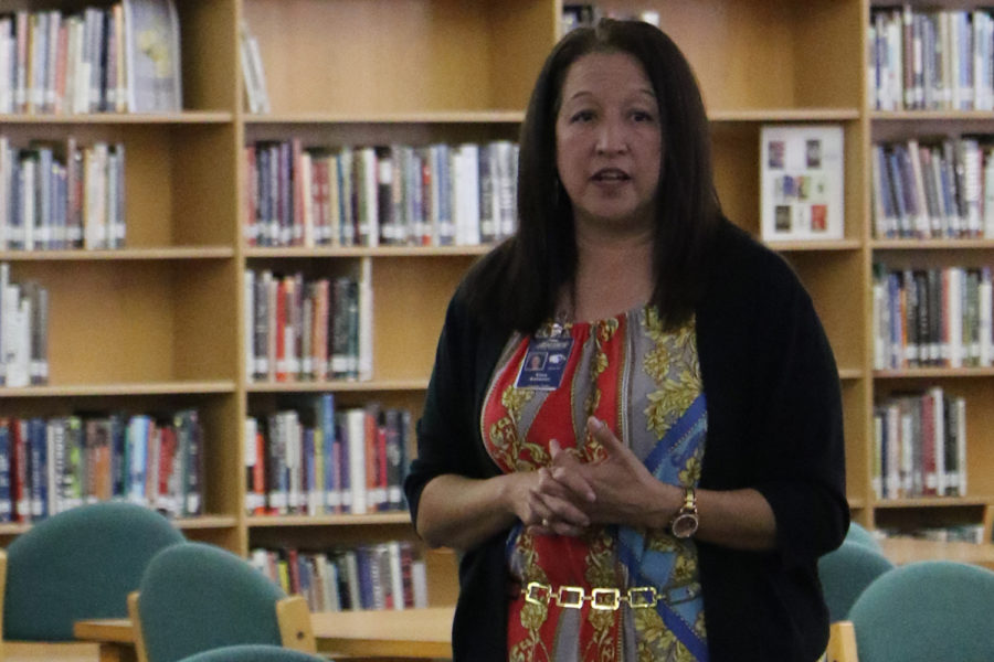 Principal Tina Salazar speaks to the Akins Campus Leadership Team Tuesday morning after the school board officially appointed her to the official position the night before. Salazar had previously served as the interim principal and was before that an assistant principal at Akins.