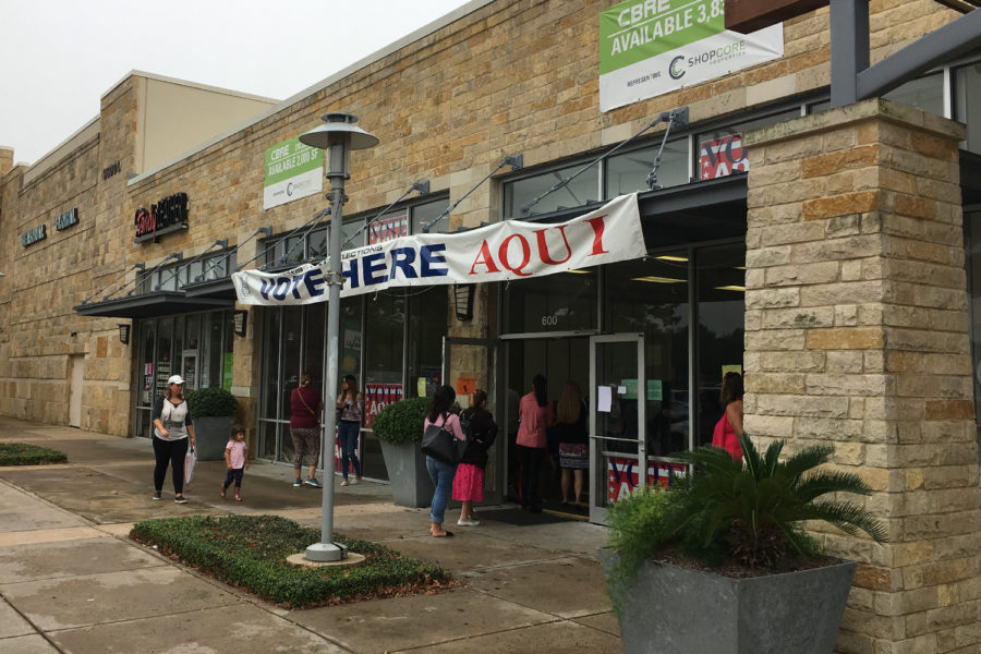 Voters+line+up+outside+the++polling+site+at+the+Southpark+Meadows+shopping+center+on+Election+Day.+It+was+one+of+three+nearby+polling+sites+with+wait+times+ranging+from+30+minutes+to+an+hour.