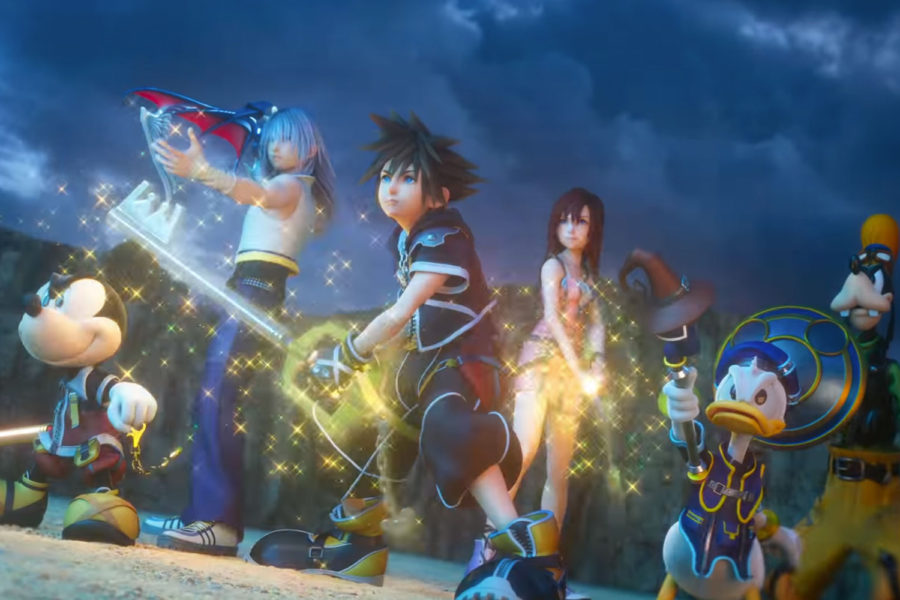 Characters from Kingdom Hearts prepare for battle in a cutscene from dream drop distance