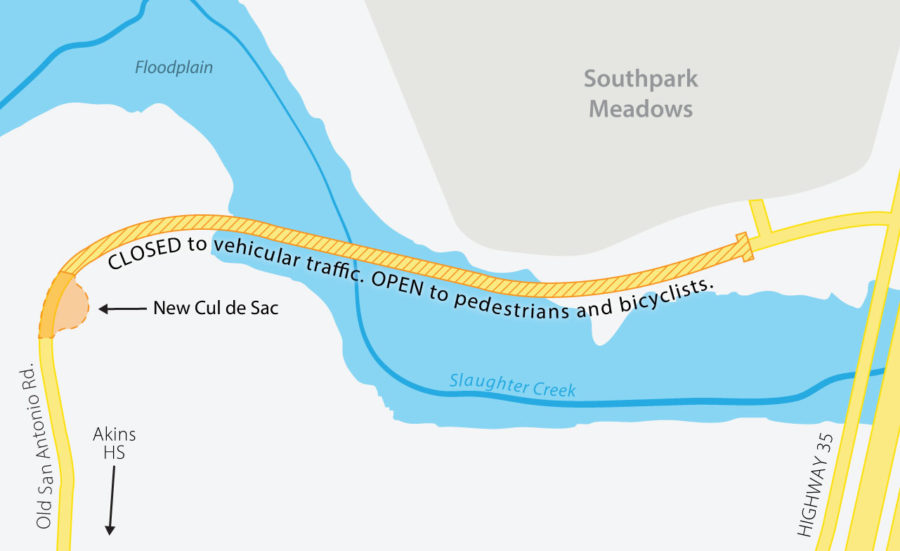 The+City+of+Austins+Watershed+Protection+office+announced+in+late+March+that+the+city+would+be+closing+a+section+of+Old+San+Antonio+Road+near+Akins+High+School+that+includes+a+dangerous+hilly+curve+and+low-water+crossing+that+floods+during+heavy+rains.+The+city+considered+different+solutions+for+this+dangerous+area+before+settling+on+road+closure.