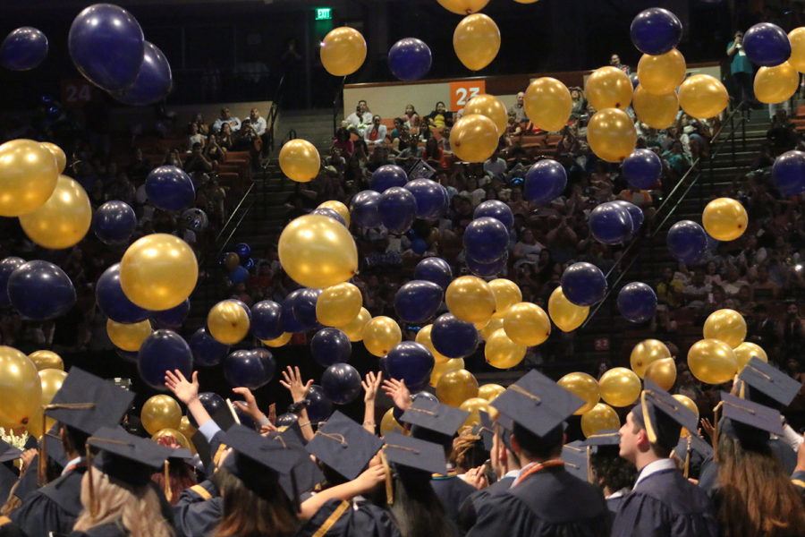 Graduates watch balloons drop on graduation day at Frank Erwin Center.