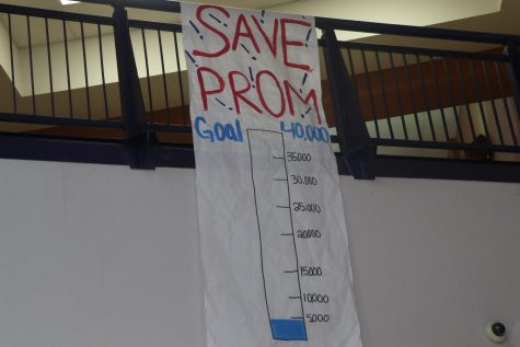 A large poster is displayed at the entrance to the school to show how much money the Class of 2020 needs to pay for prom and other traditional senior activities. Prom sponsors have said they need to raise a total of $40,000 to pay for everything.