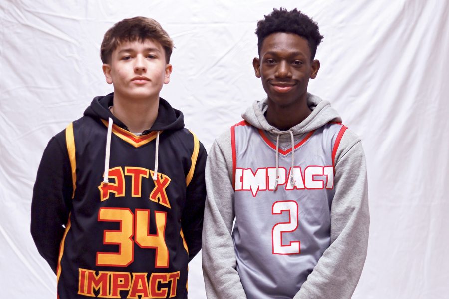 Sophomore+AAU+players+Kale+Perkins+%28left%29+and+Torrey+Smith+%28right%29+pose+for+a+photo.+They+both+play+for+the+Impact+Sportz+basketball+club+in+South+Austin.