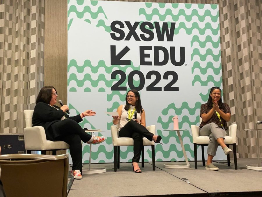 Courtesy Matt Stephenson
Talking code at SXSW
Senior Maria Contreras (center) speaks in March as part of a panel discussion at SXSWEdu, which is a conference focused on innovation in education. Contreas spoke about her involvement with the Code2College program while a student at Akins.
