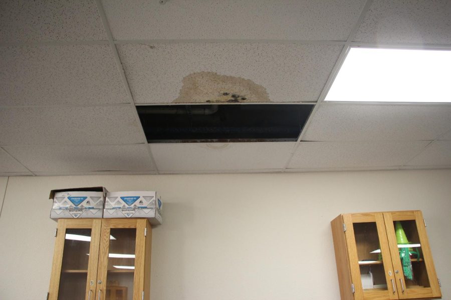A classroom in the main building shows signs of mold developing on the ceiling tiles in the main building that are caused by water leaks.