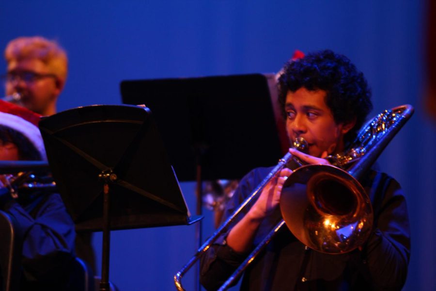 Sophomore Jayden Medina plays trombone in the Winter Fine Arts Showcase