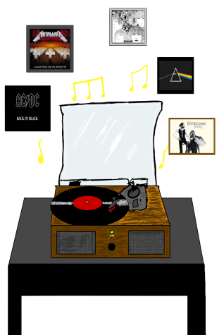 An illustration of a record player with multiple different covers of vinyls on the wall behind it