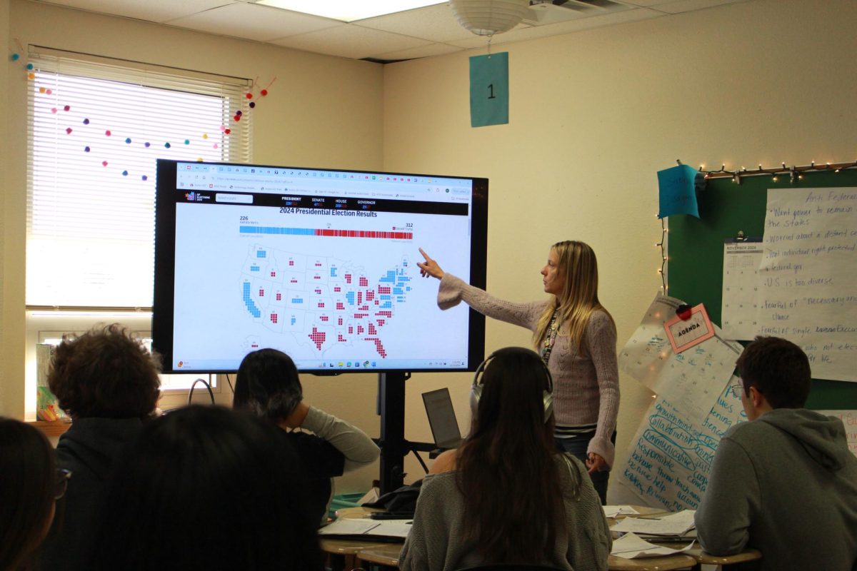 Political science teacher Natalie Fontenot discusses the election results with students in the new class.