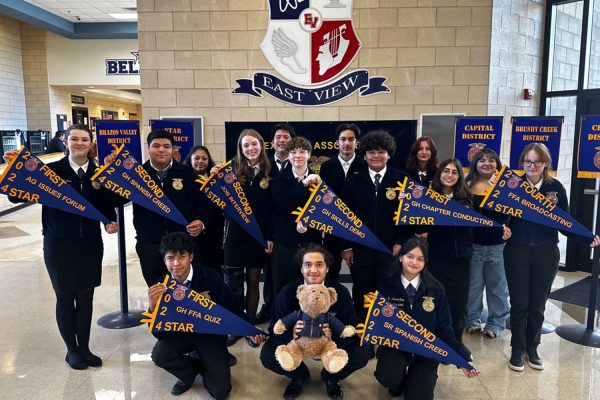 Akins FFA members show off their awards after competing at East View High School in the Area XII FFA LDE contests.