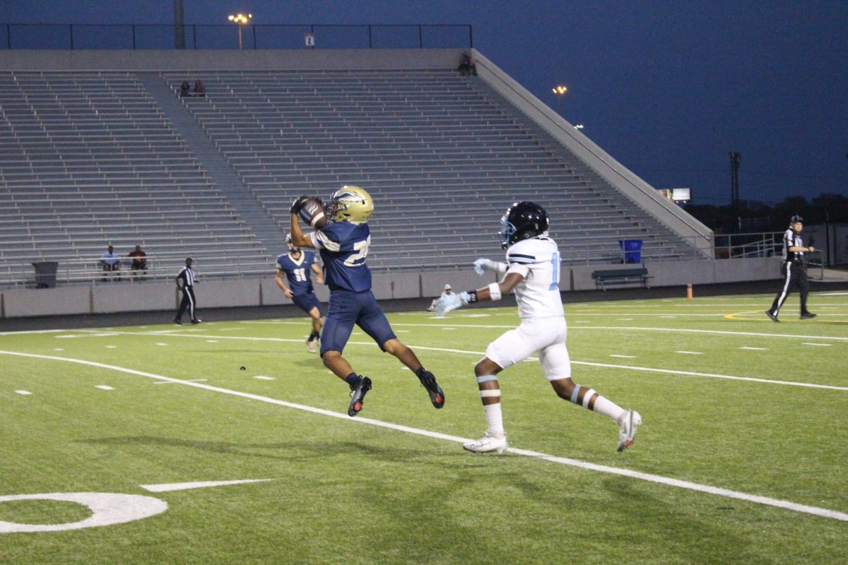 Sam Roque (25) goes airborne in order to catch the interception. The Akins Eagles did a great job keeping the ball away from the Raiders, not allowing them to score a single point. This was a huge achievement for the Eagles and helped create momentum and hope for the remainder of the season