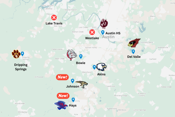 This map of our schools in the area shows the two new schools being
added to the 6A District and it also shows the schools Akins normally
goes against, Lake Travis and Westlake not on our schedules.